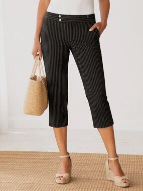 L‑RL Ralph Lauren Black Pinstripe Stretch Cropped Cargo Pants Zip Pocket Sz 10